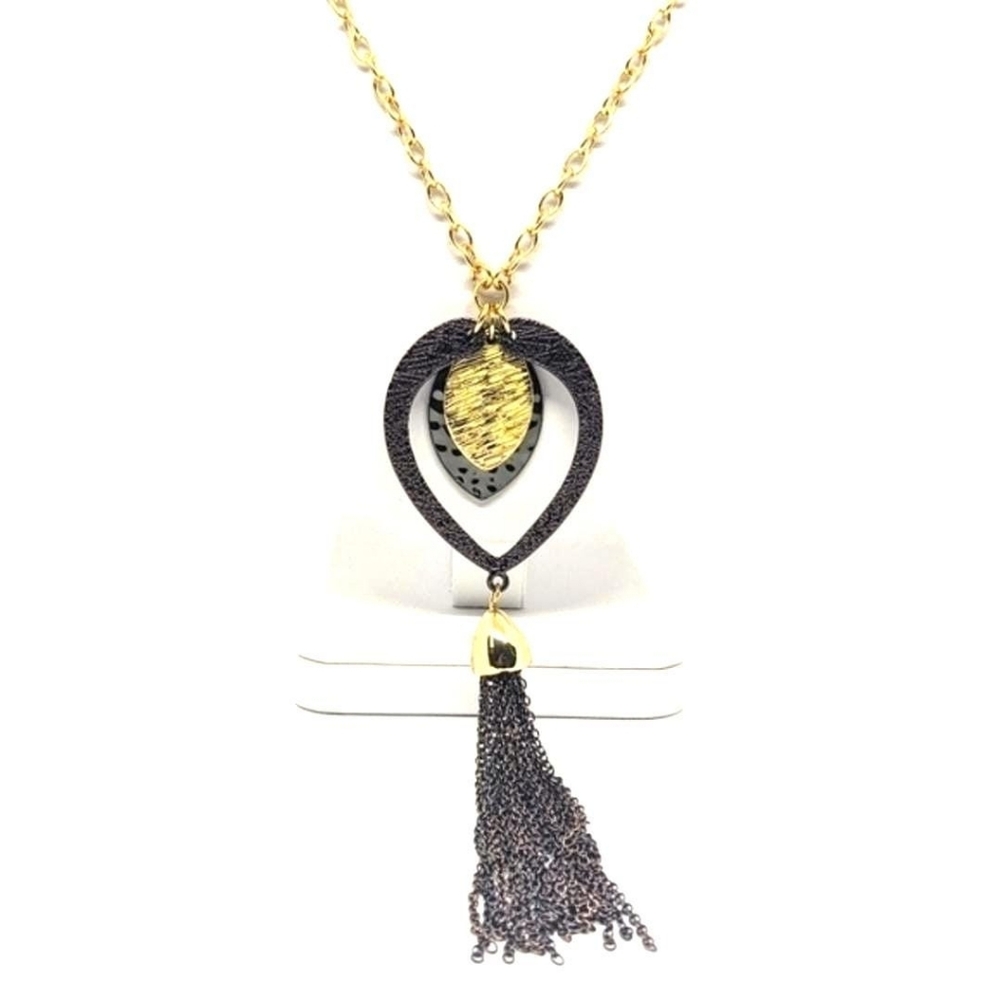 Erica Lyons LMixed Metal Tassel Necklace Gold Gunmetal Teardrop Leaf Pendant